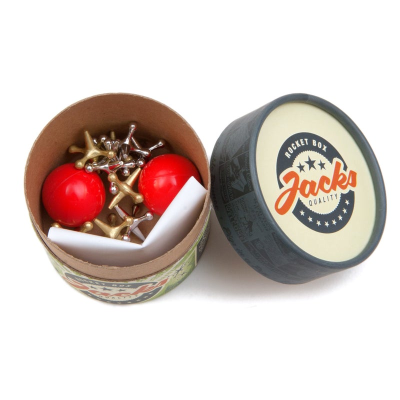Rocket Box Jacks Game: Retro Toys, Vintage, Classic Games of Jacks, Gold and Silver Toned Jax, Two Red Bouncy Balls, Fun Toys for Kids and Adults of All Ages. Family Board Games Night. Travel Size. - Image 3